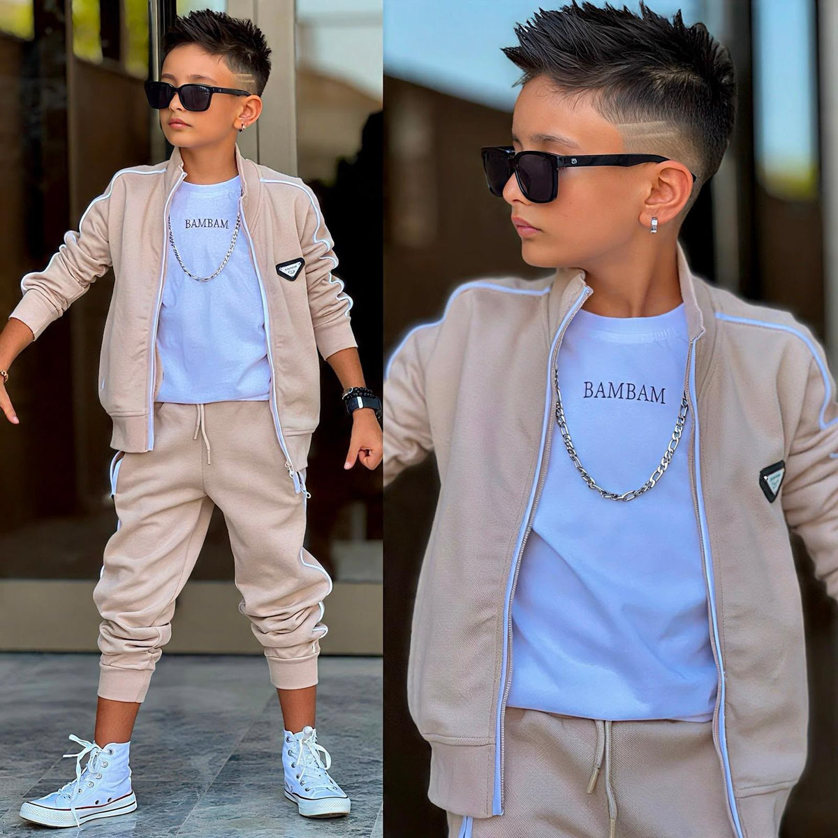 BamBam 3-teiliges Jungen-Set mit Weste in Beige, bestehend aus Weste, Oberteil und Hose