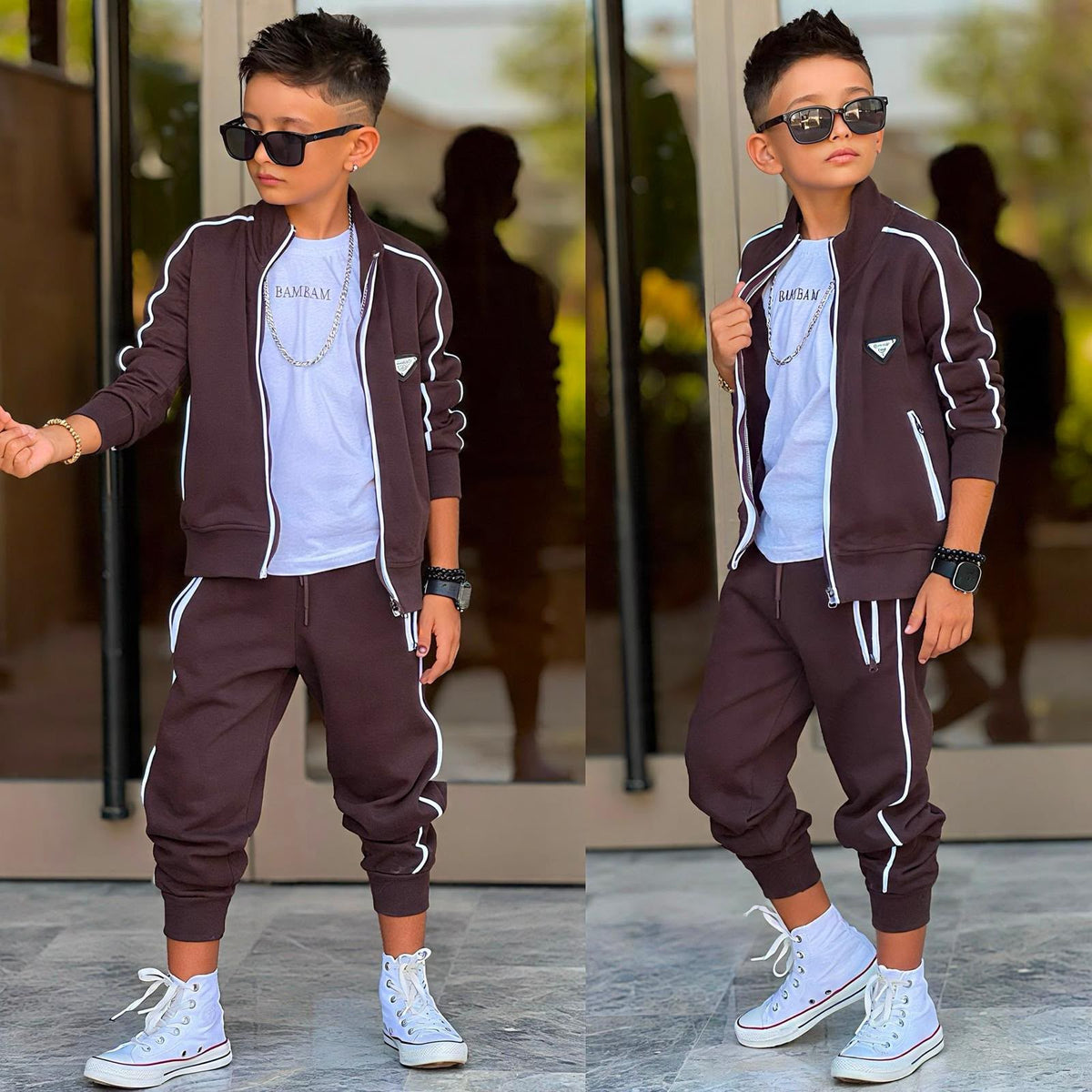 BamBam 3-teiliges Jungen-Set mit Weste in Dunkelbraun, bestehend aus Weste, Oberteil und Hose