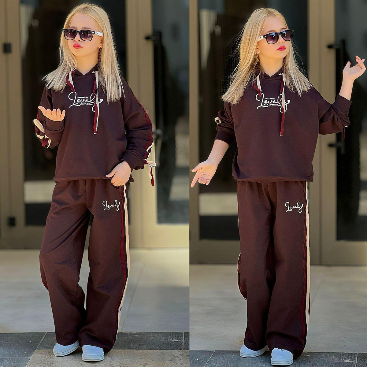 Mädchen-Set Hoodie & Weithose Lovely-Print in Braun