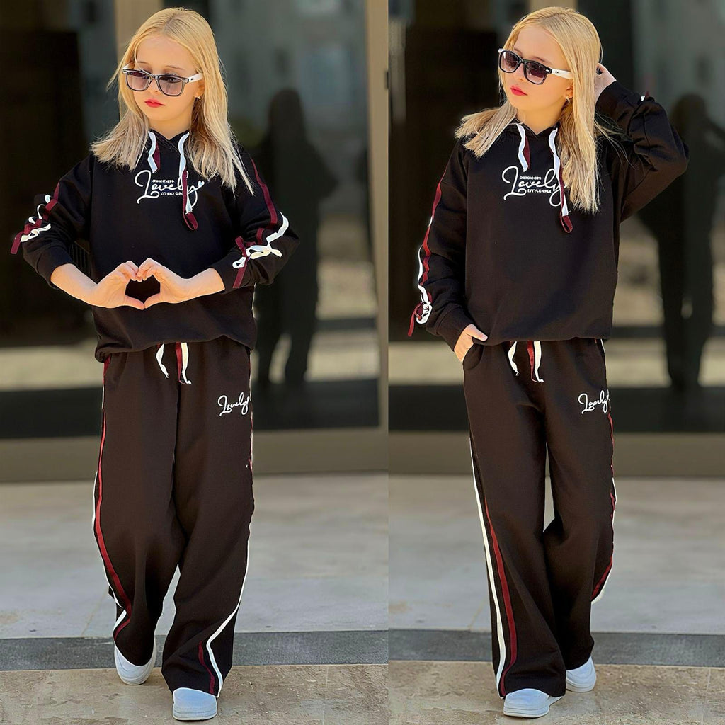 Mädchen-Set Hoodie & Weithose Lovely-Print in Schwarz