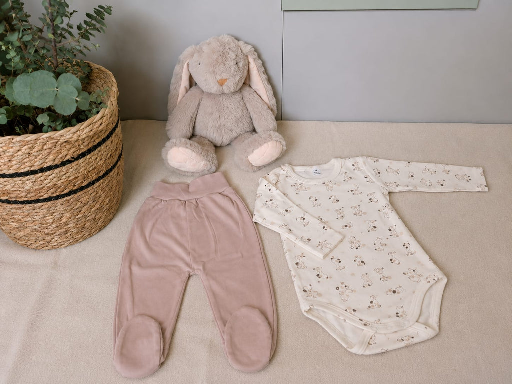 2-teiliges Baby-Set Body & Strampelhose – Rosa Hasen-Print Flat Lay | Kleiderli