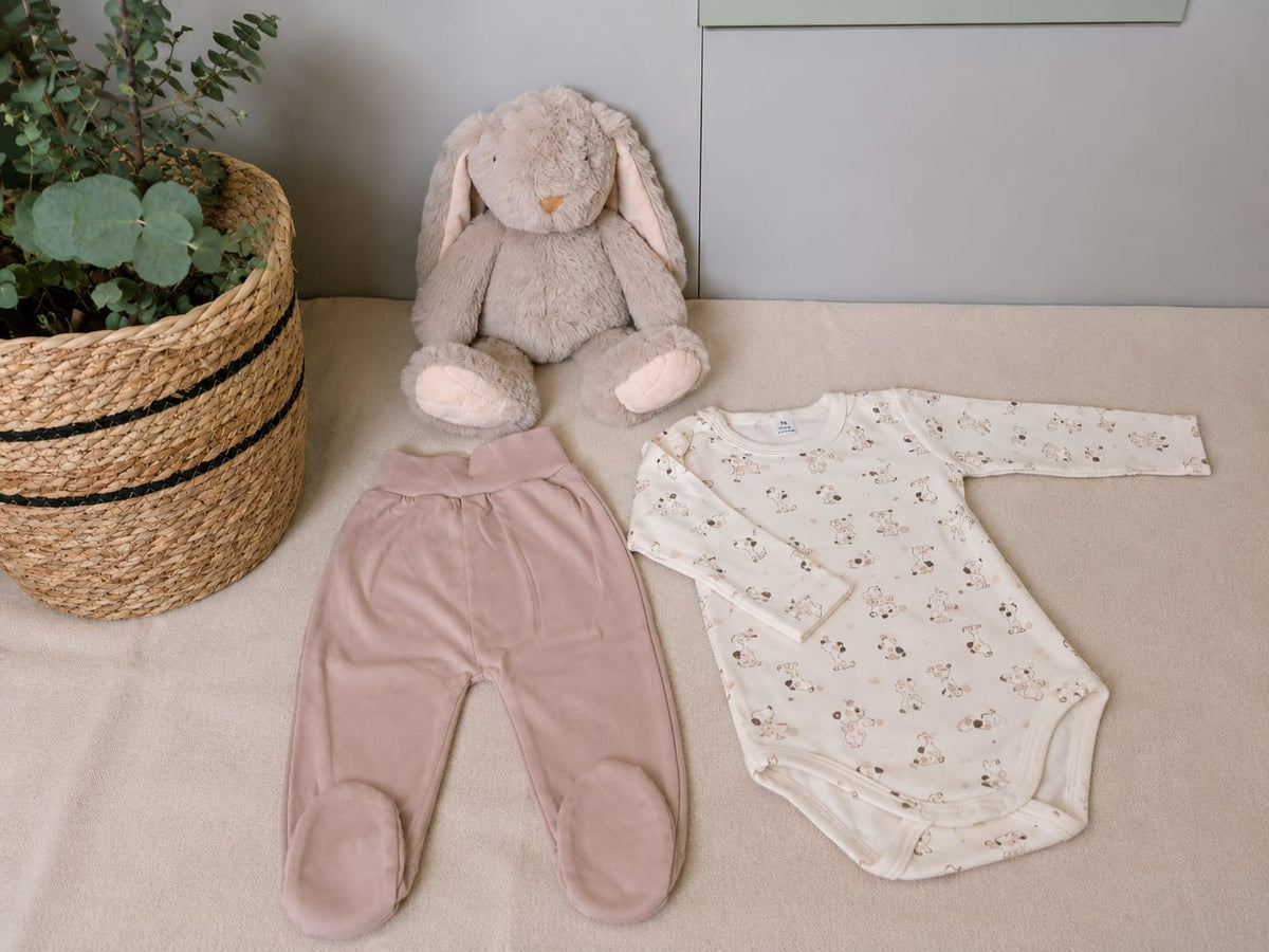 2-teiliges Baby-Set Body & Strampelhose – Rosa Hasen-Print Flat Lay | Kleiderli