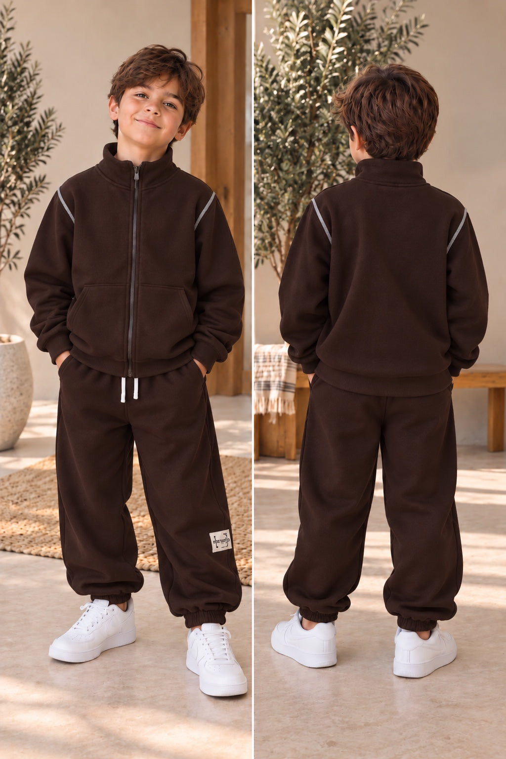 Dunkelbrauner Kinder-Jogginganzug mit Zip-Jacke und Hose, Vorder- und Rückansicht