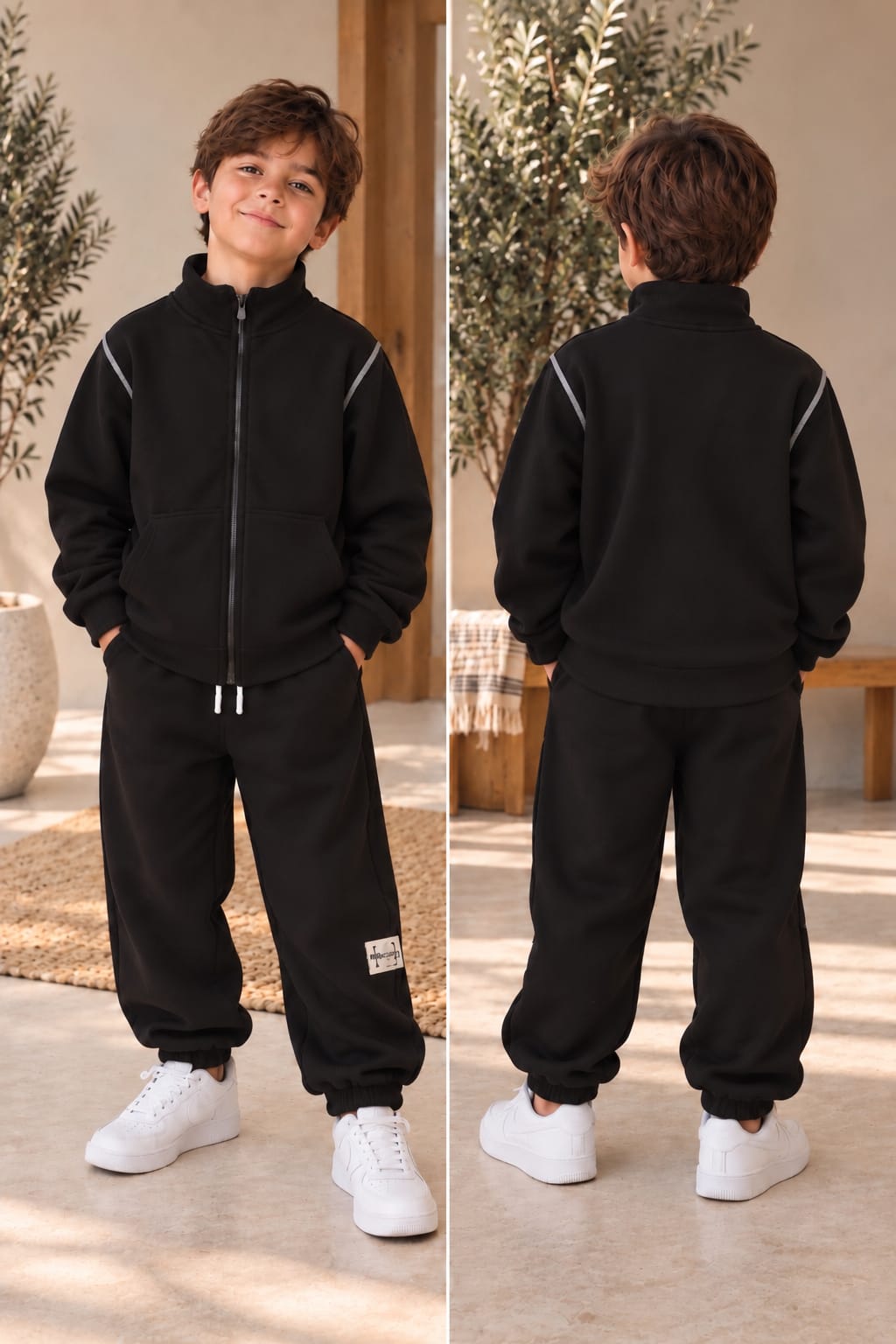 Schwarzer Kinder-Jogginganzug mit Zip-Jacke und Hose, Vorder- und Rückansicht