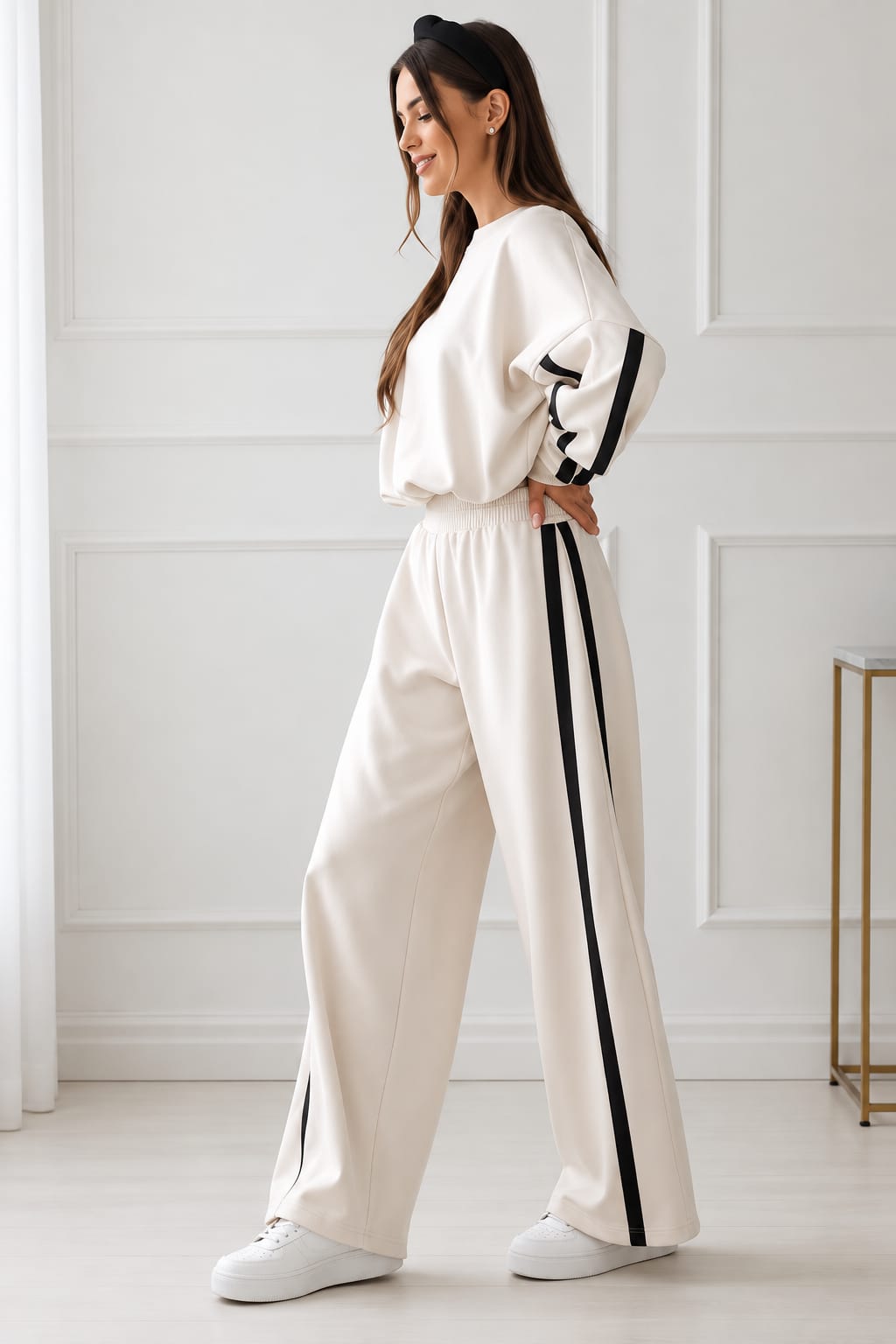 Damen Set „Vision“ in Ecru, zweiteiliges Oversize-Set mit weiter Hose und kontrastierenden Streifen