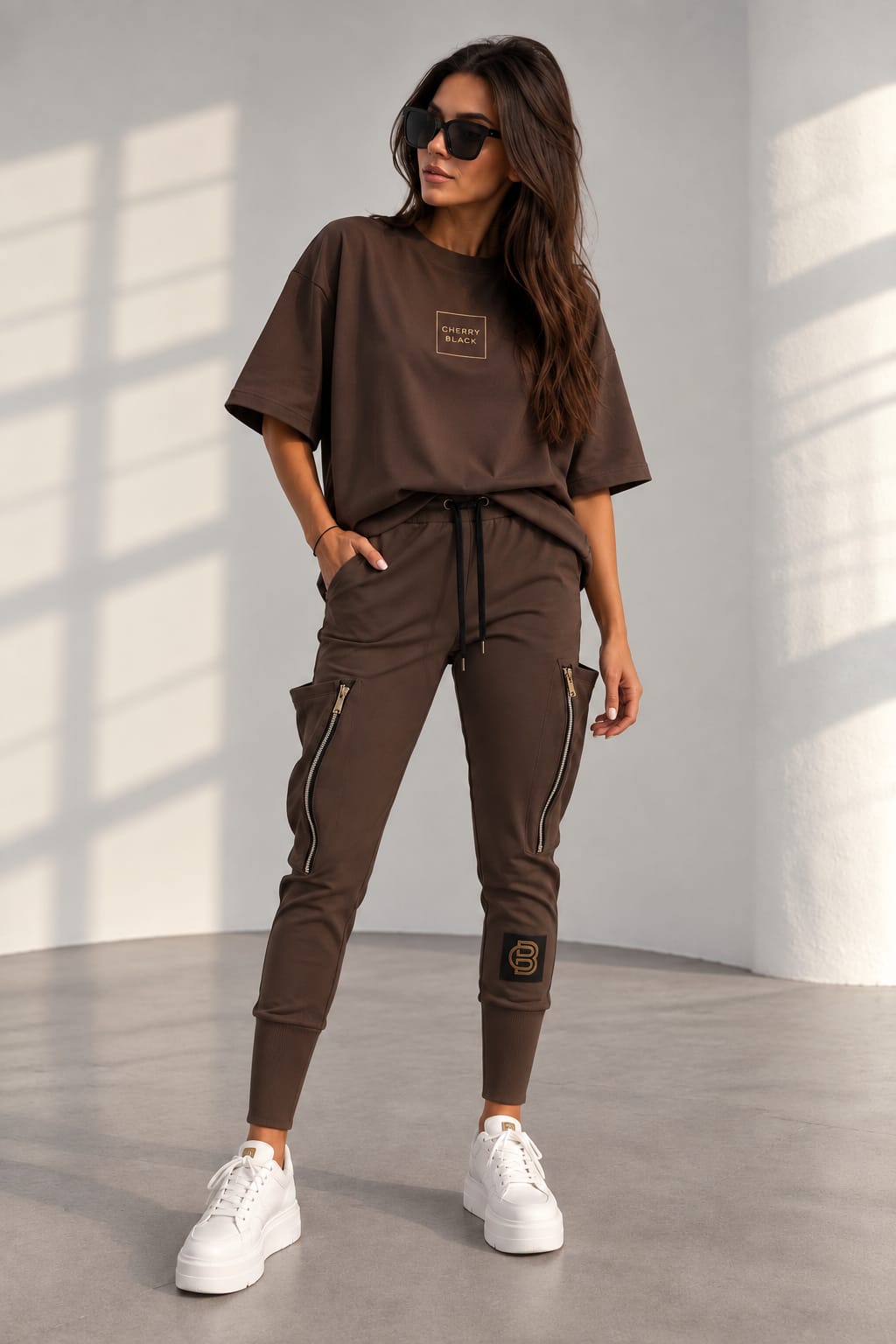 Cargo-Jogger für Damen in Schokobraun, seitliche Ansicht mit Logo-Detail