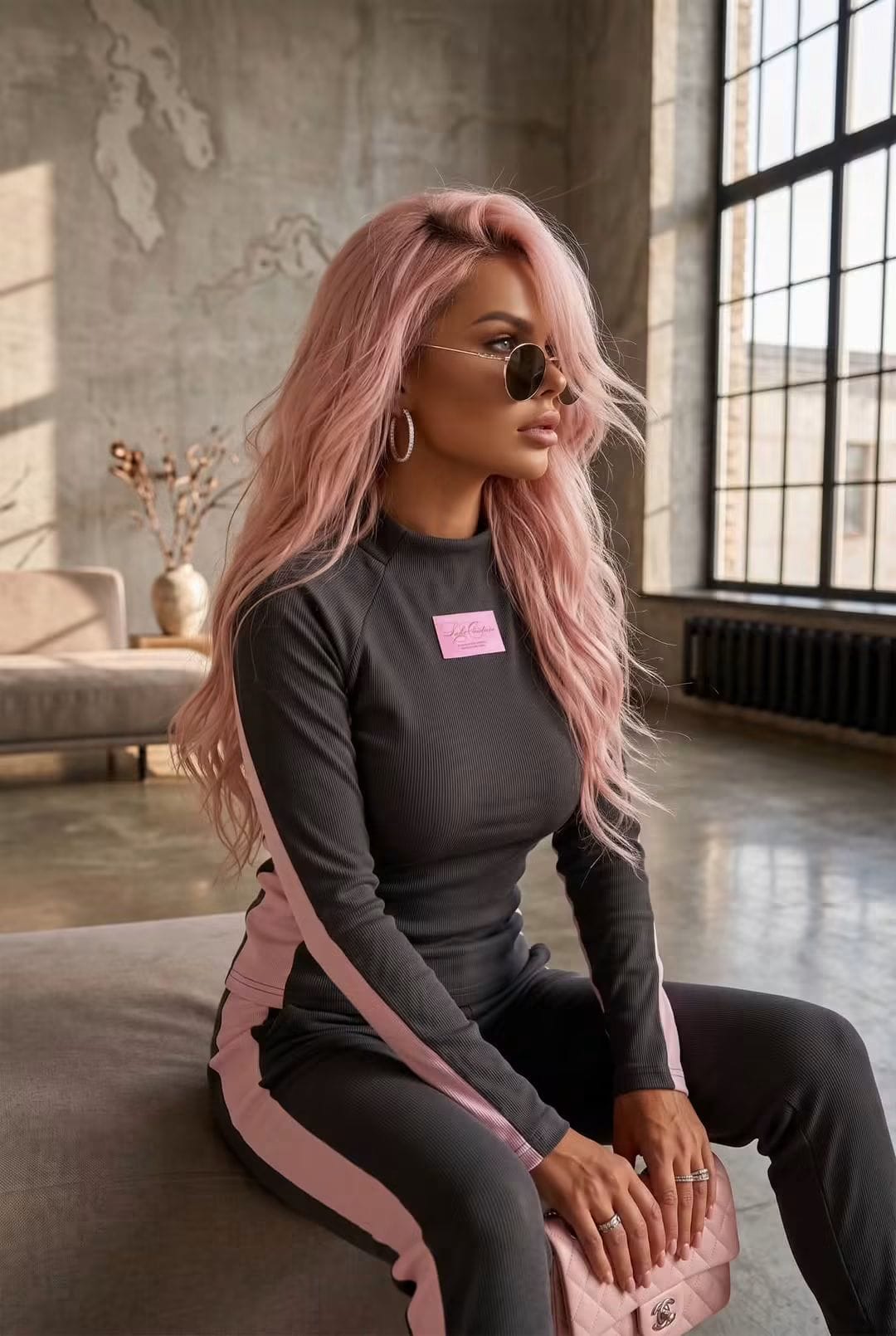 Laki Couture Ripp-Set in Grau und Rosa, Vorderansicht
