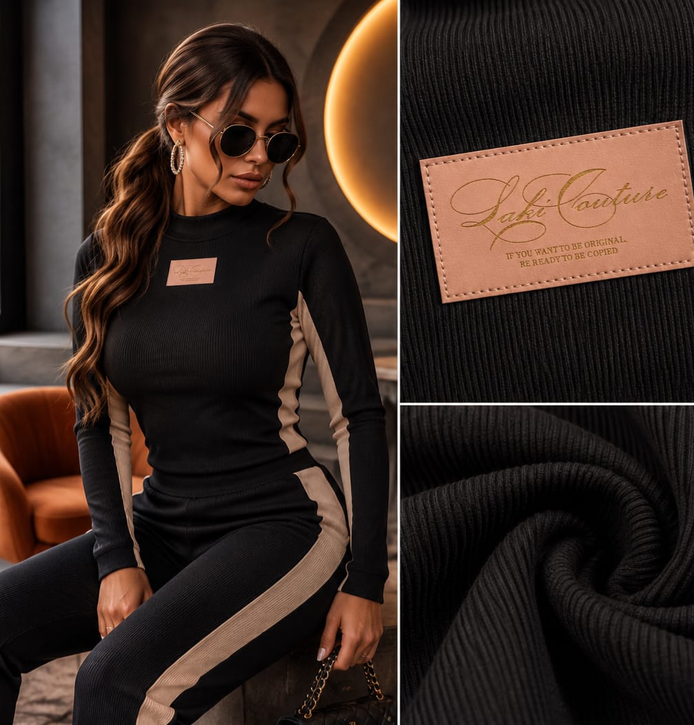 Nahaufnahme der gerippten Stoffstruktur des Laki Couture Sets