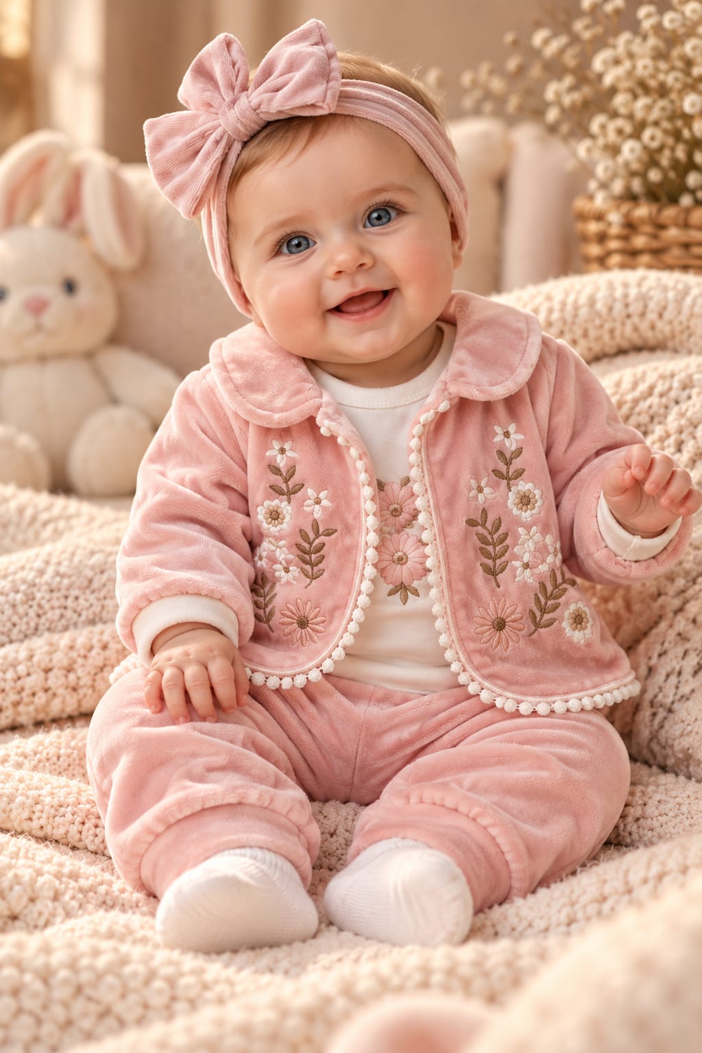 Dreiteiliges Baby-Set Little Blossom mit Jäckchen, Body und Hose.