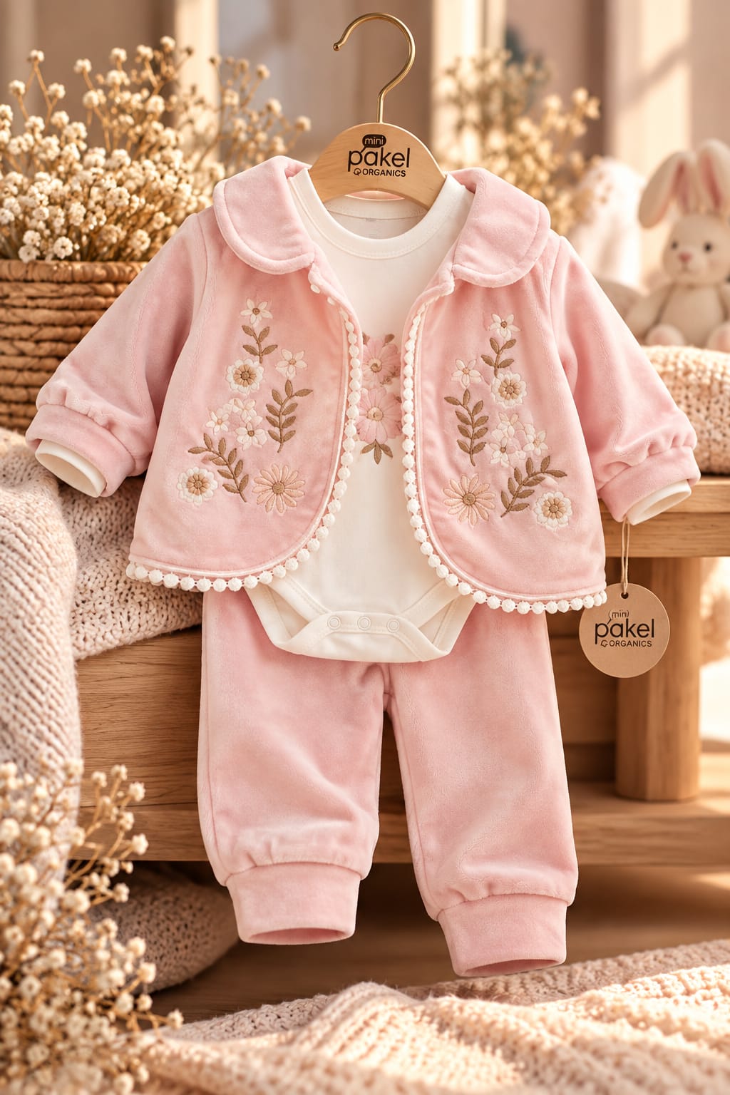 Rosa Baby-Set Little Blossom mit Jäckchen, Body und Hose.