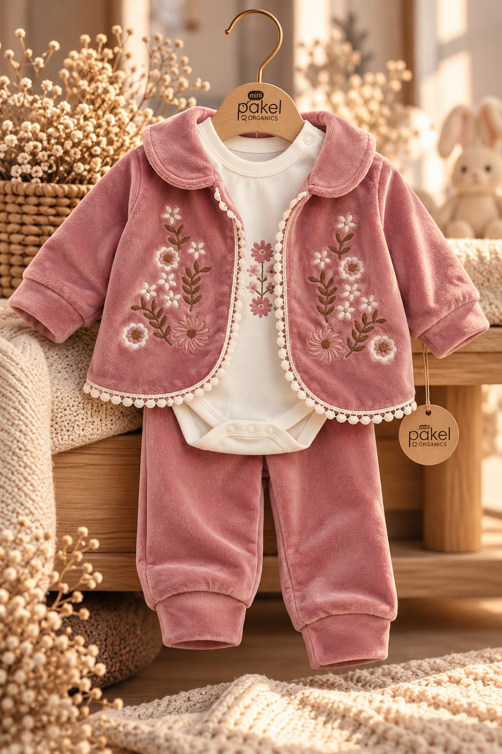 Altrosa Baby-Set Little Blossom mit Jäckchen, Body und Hose.
