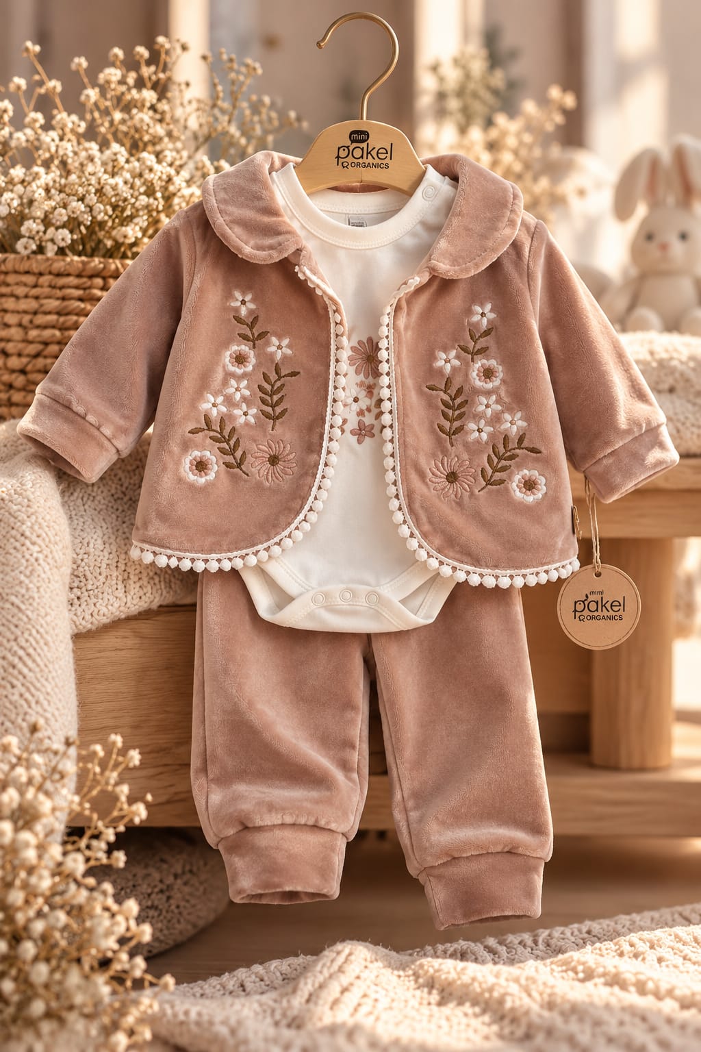 Taupefarbenes Baby-Set Little Blossom mit Jäckchen, Body und Hose.