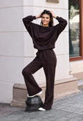 Damen-Set SARA mit Oversize-Sweatshirt und Wide-Leg-Hose in Schokobraun