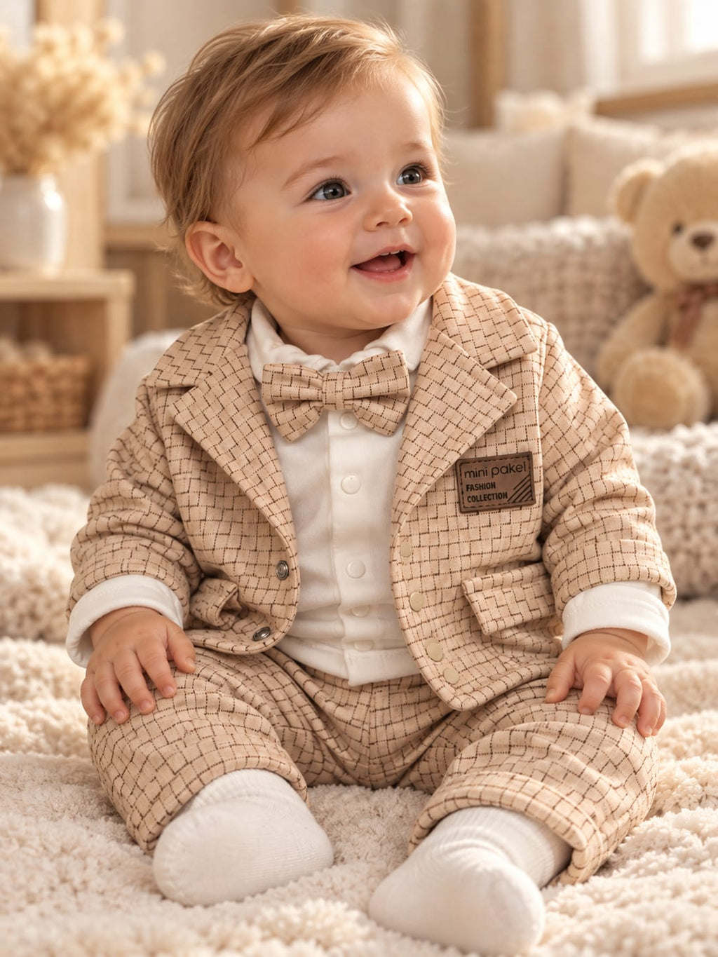 Baby trägt den beigen Anzug Little Gentleman mit kariertem Sakko und Fliege