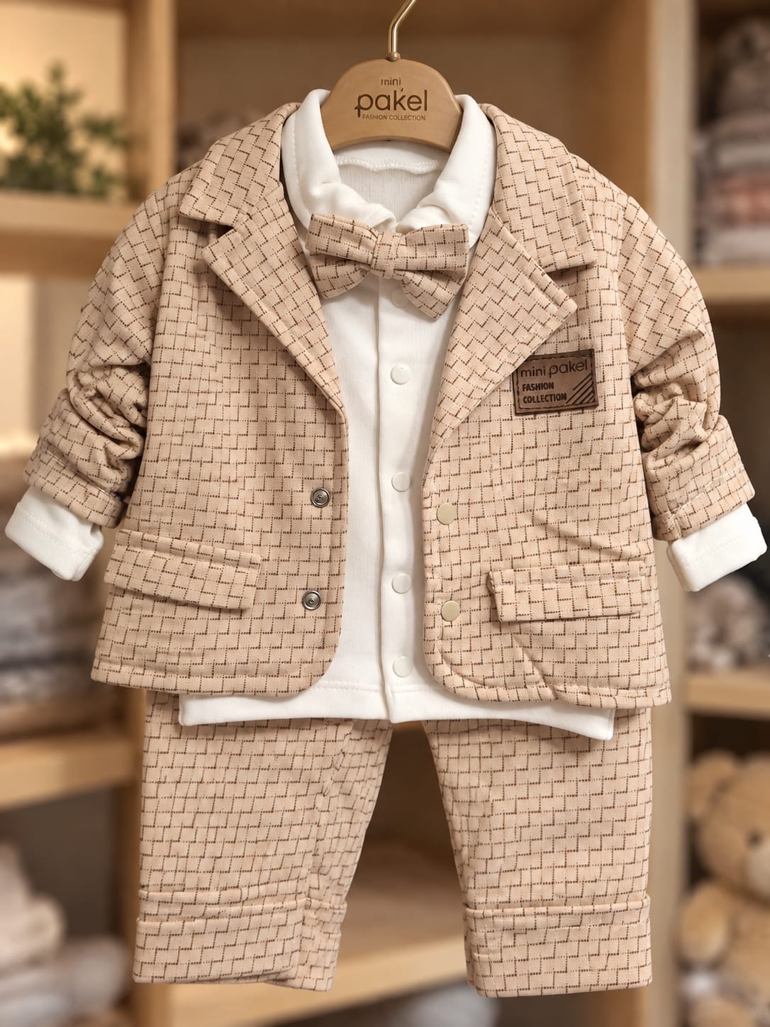 Baby-Anzug Little Gentleman in Beige mit kariertem Sakko, Hose, weißem Oberteil und Fliege