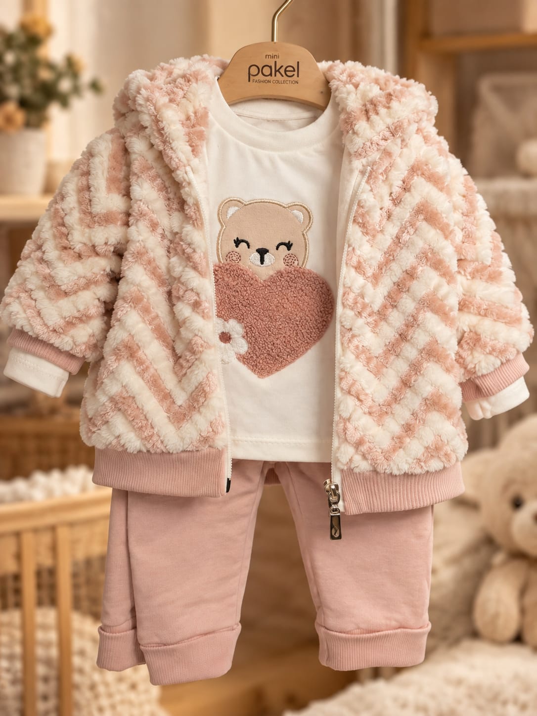 3-teiliges Baby-Set Sweet Bear in Altrosa und Creme mit Kapuzenjacke, Oberteil und Hose