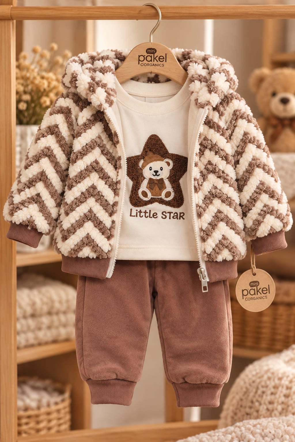 Teddy-Kapuzenjacke mit Zickzackmuster und Baby-Oberteil mit Little-Star-Bärenapplikation