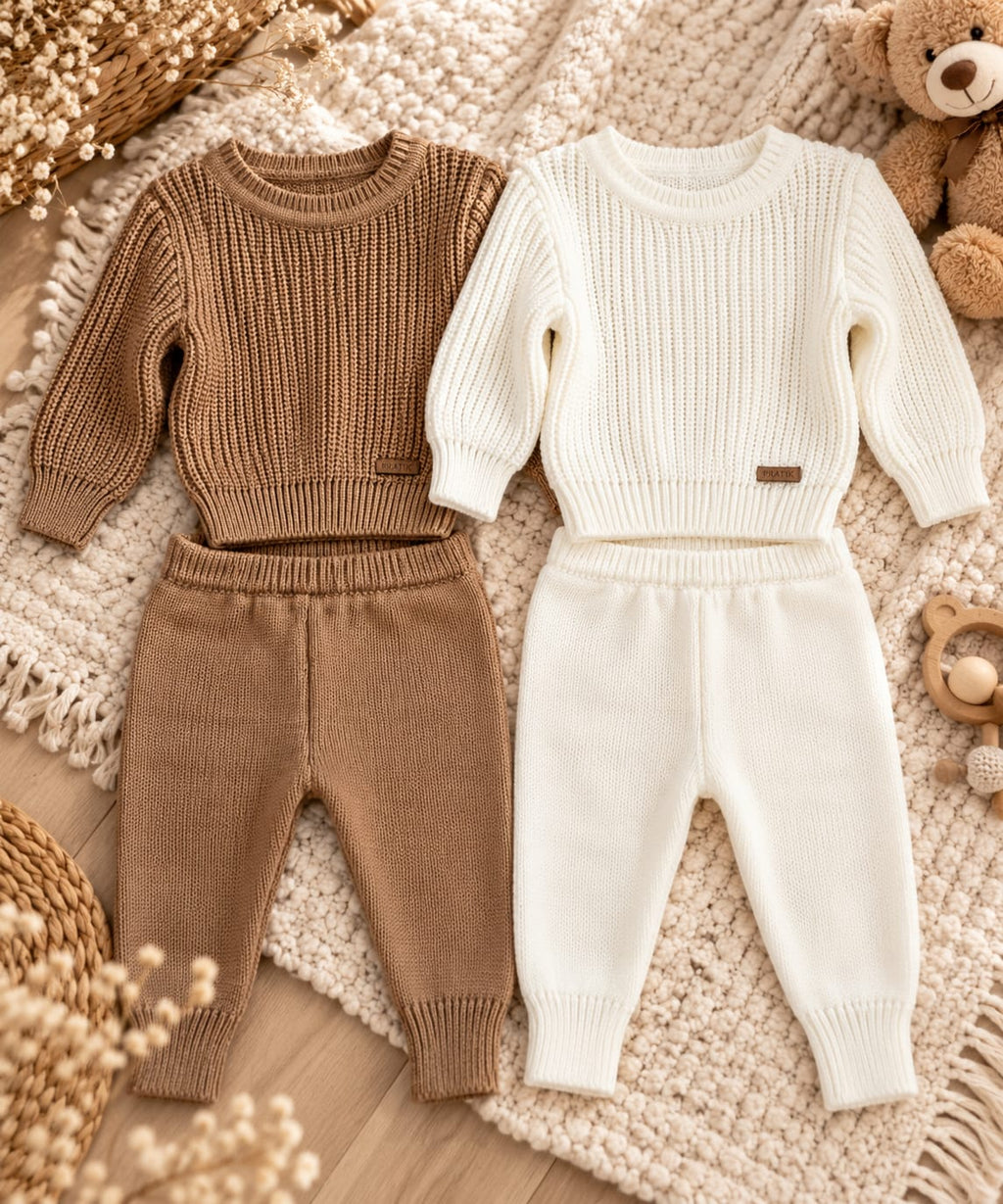 Zweiteiliges Strick-Set für Babys und Kleinkinder mit Pullover und Hose in Braun und Cremeweiß