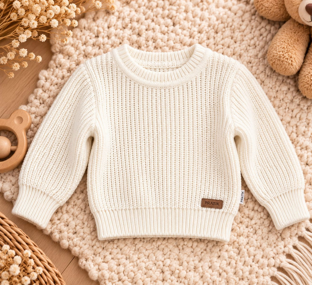 Baby-Strickpullover mit Rundhalsausschnitt und grober Strickstruktur in Cremeweiß