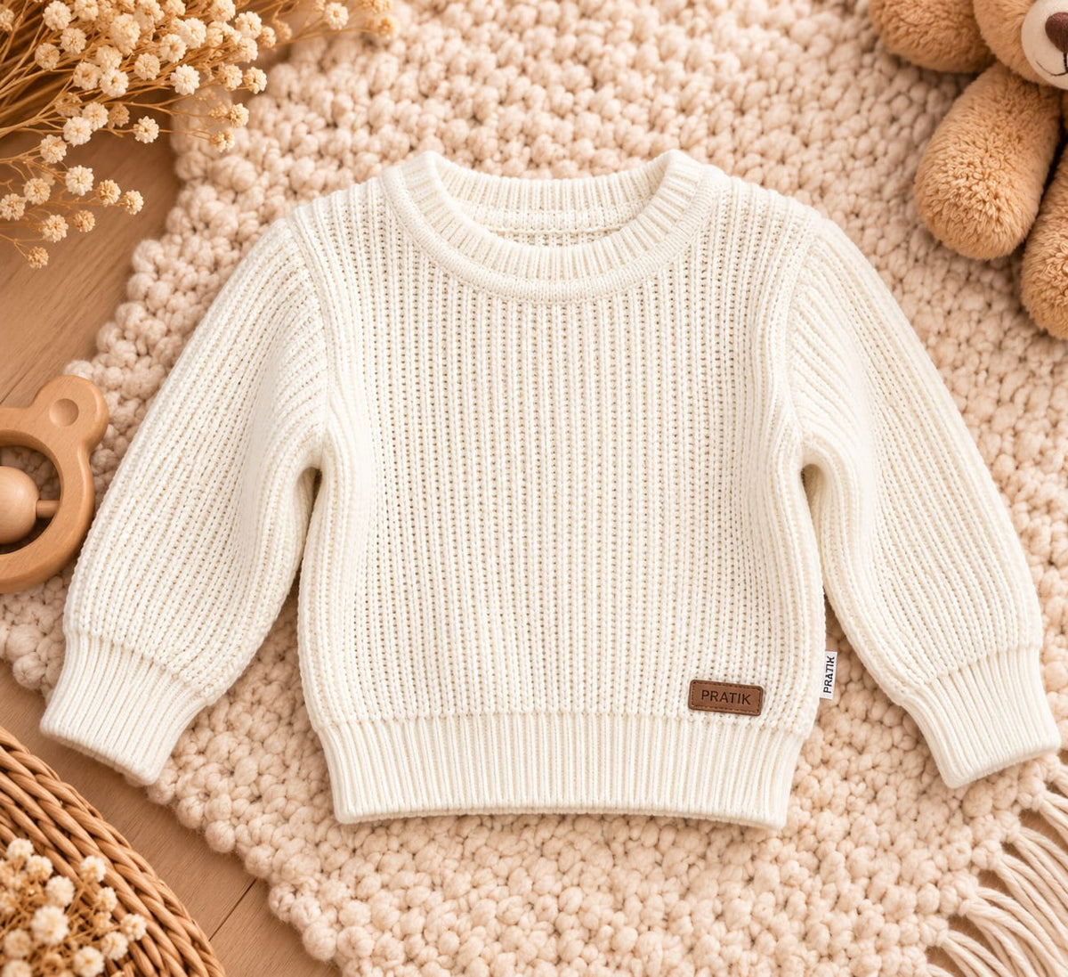 Baby-Strickpullover mit Rundhalsausschnitt und grober Strickstruktur in Cremeweiß