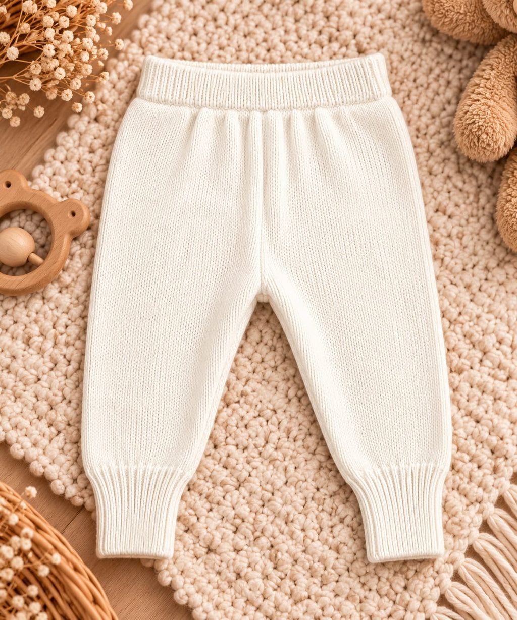 Passende Strickhose für Babys mit elastischem Bund und Bündchen in Cremeweiß