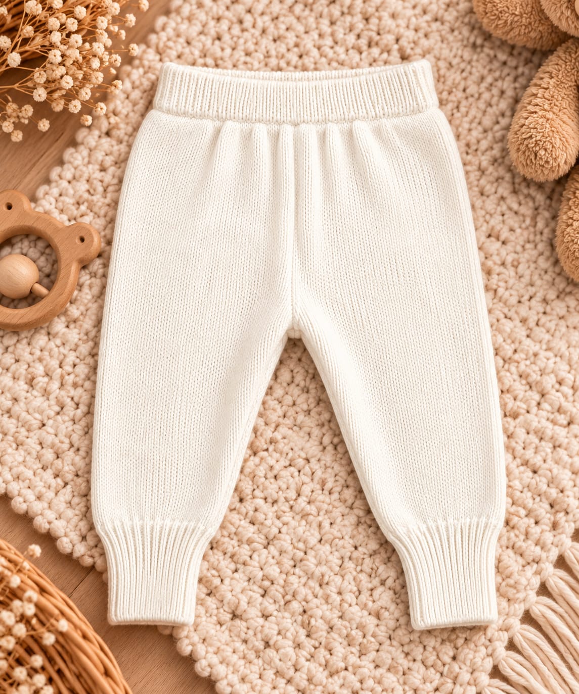 Passende Strickhose für Babys mit elastischem Bund und Bündchen in Cremeweiß