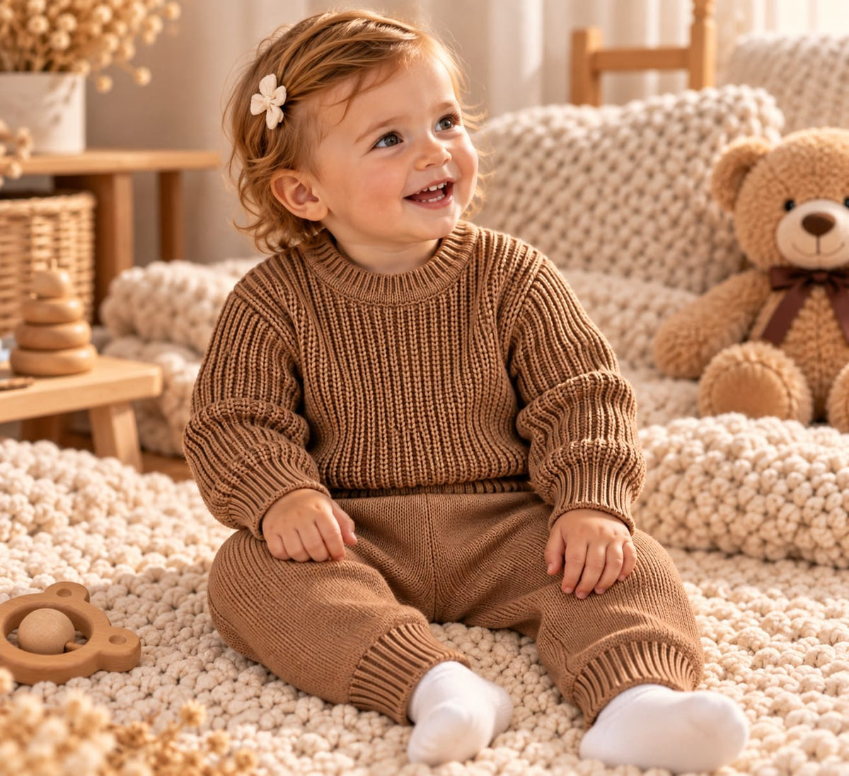 Baby trägt ein zweiteiliges Strick-Set mit Pullover und Hose in Braun