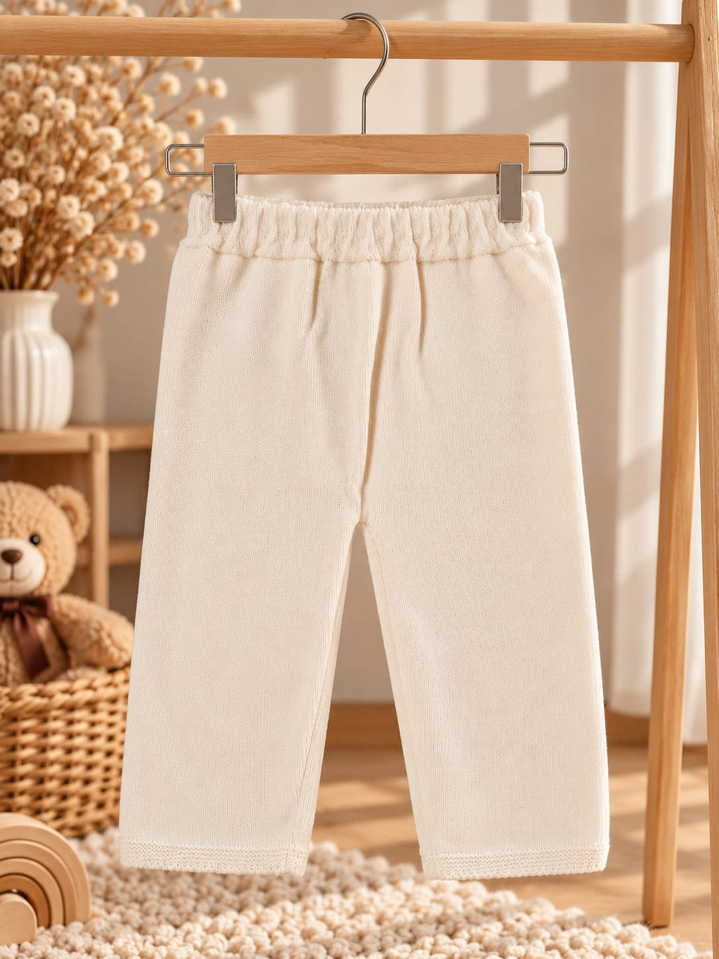 Cremefarbene Baby-Strickhose mit elastischem Bund und weitem Beinabschluss