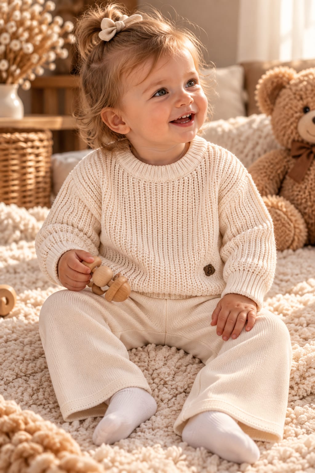 Baby trägt cremefarbenes Strickset mit Pullover und Hose