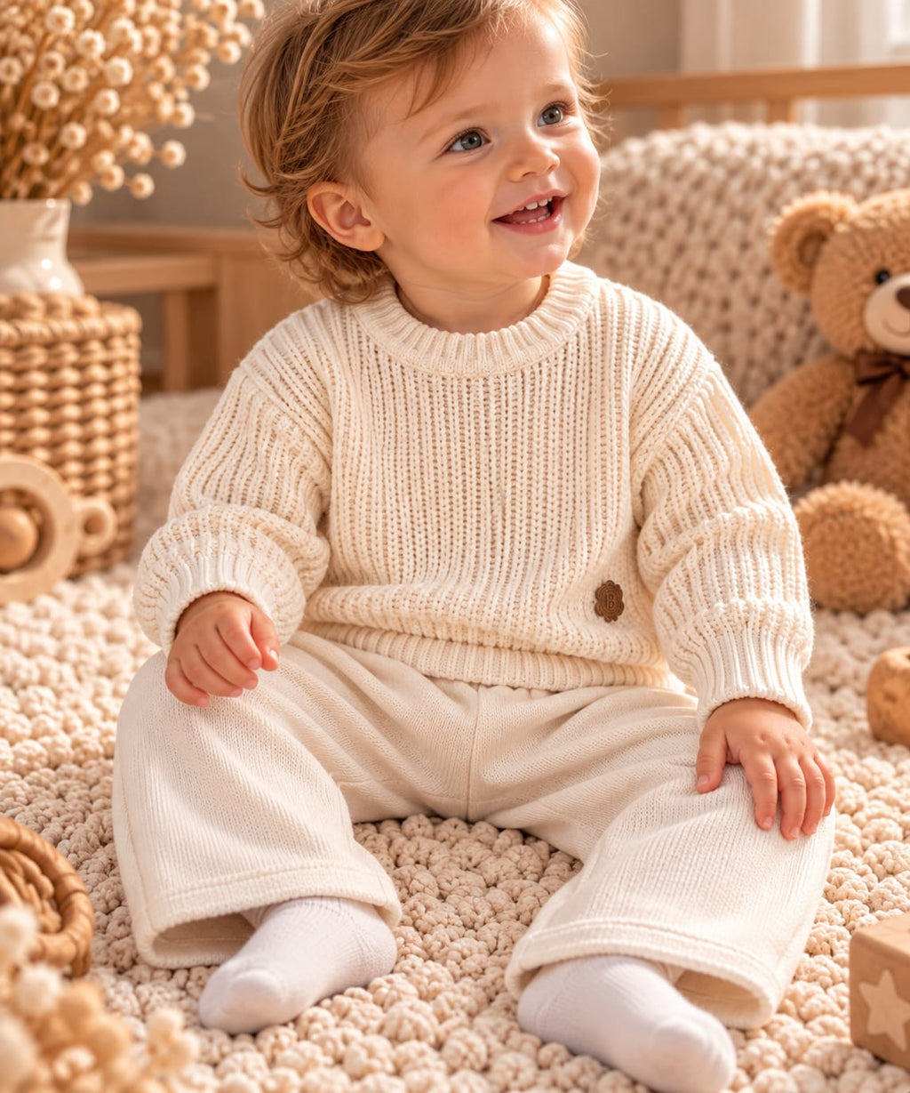 Baby trägt Strickset mit Pullover und Hose