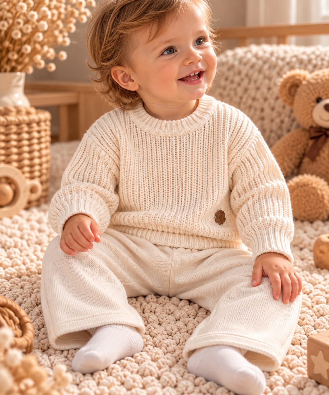 Baby trägt Strickset mit Pullover und Hose