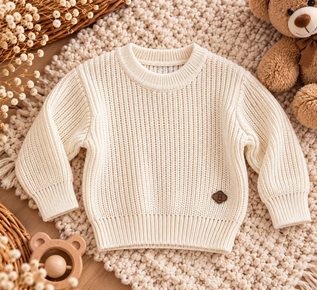 Strickstruktur und kleines Emblem am cremefarbenen Baby-Pullover