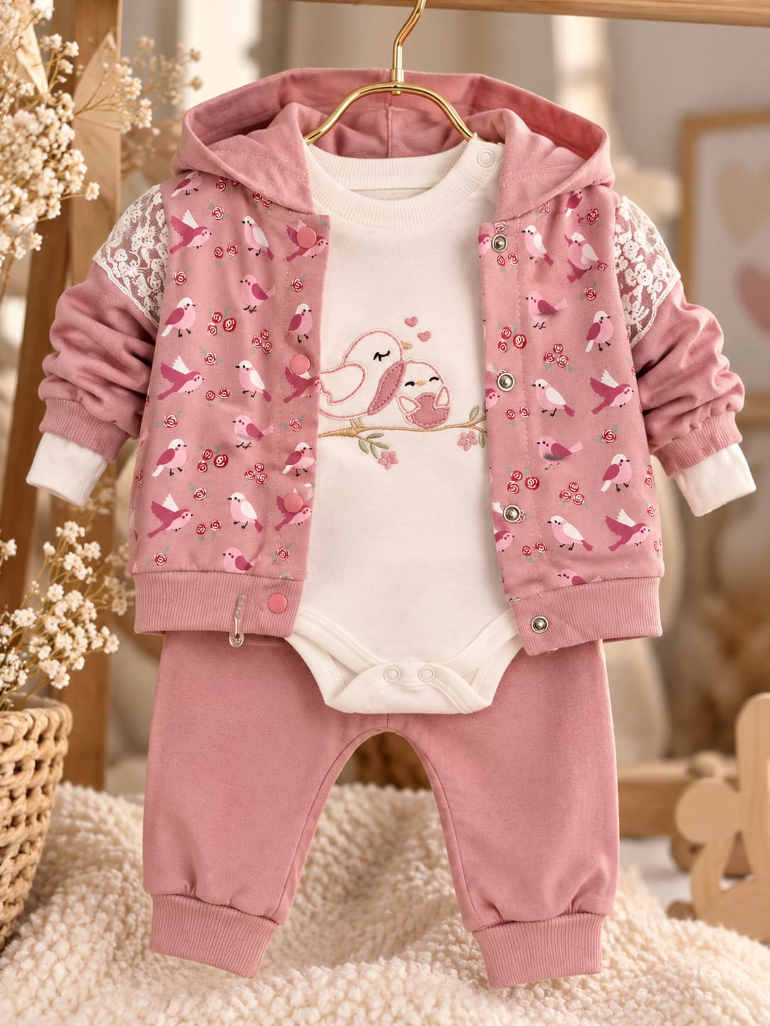 Dreiteiliges Baby-Mädchen-Set in Altrosa und Creme.