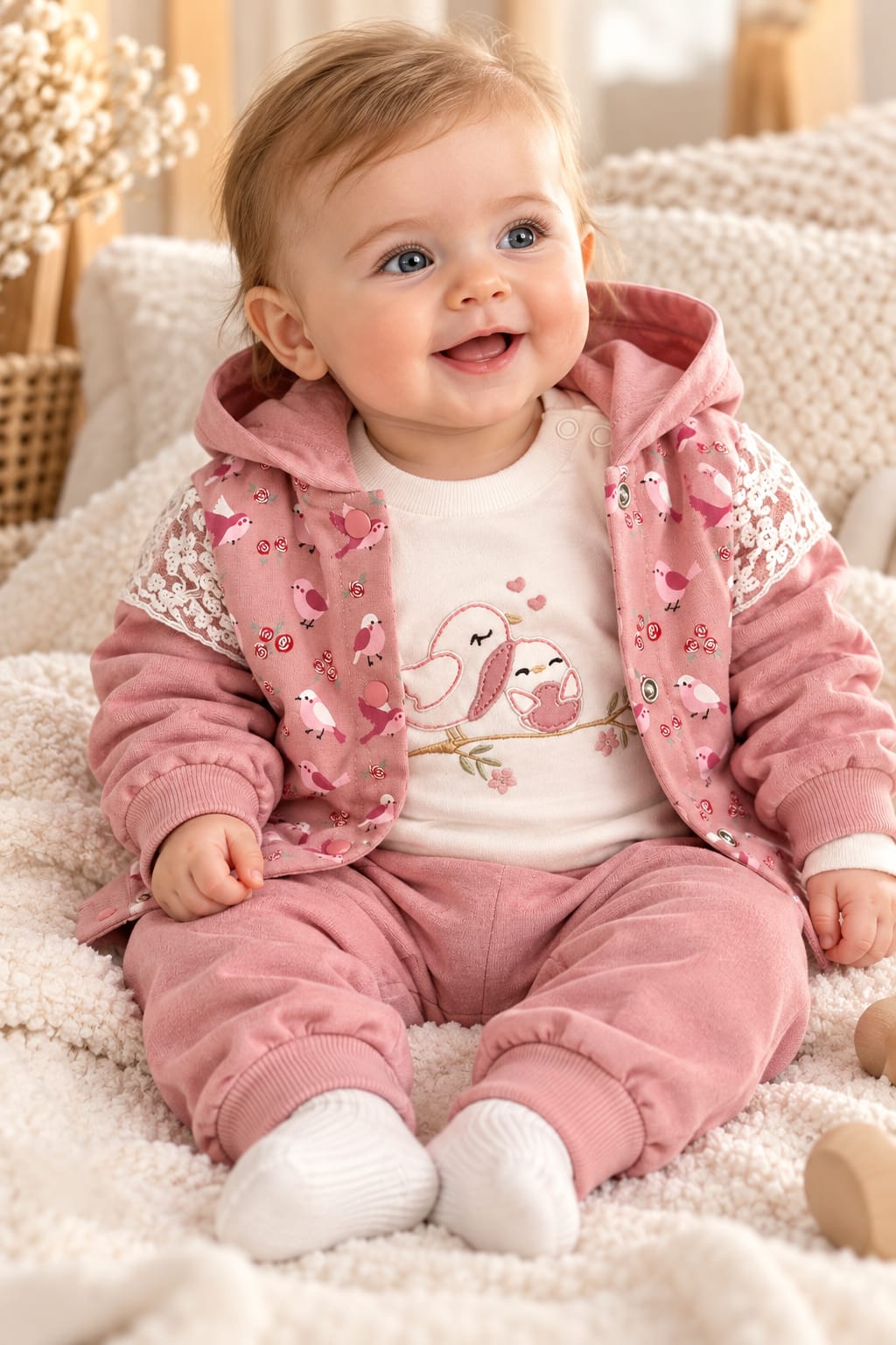 Baby-Kapuzenjacke in Altrosa mit Vögelchenmotiv und Spitzendetails an den Schultern