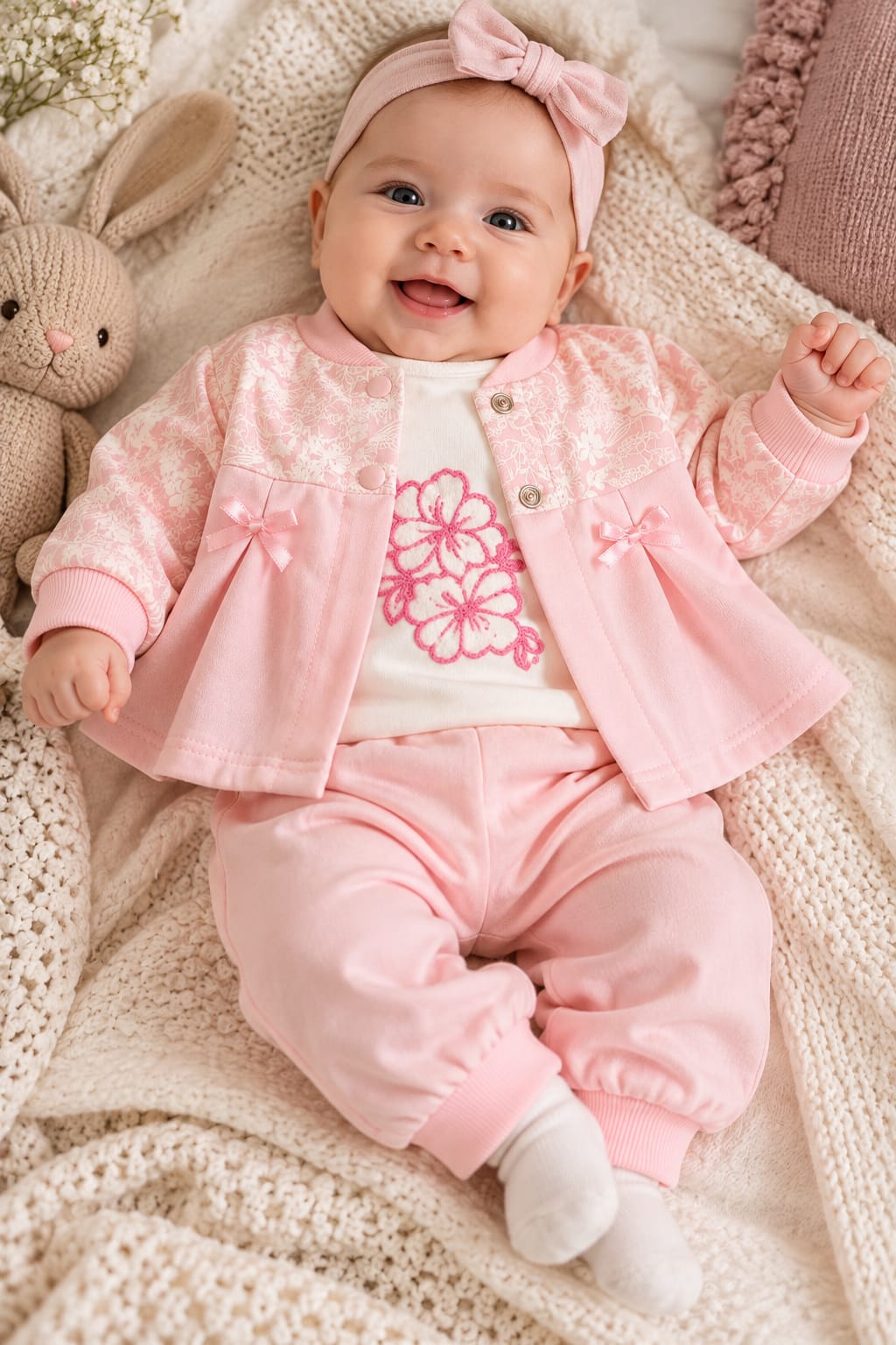 Dreiteiliges Baby-Mädchen-Set Little Flowers in Rosa mit Jacke, Body und Hose