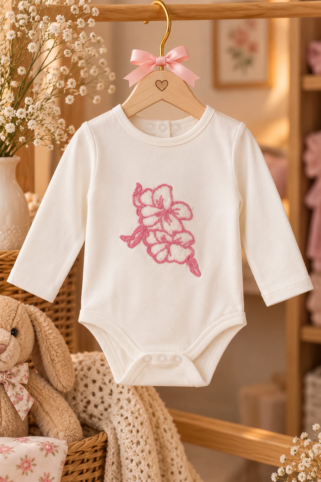 Heller Baby-Body mit rosa Blumenmotiv aus dem Little-Flowers-Set