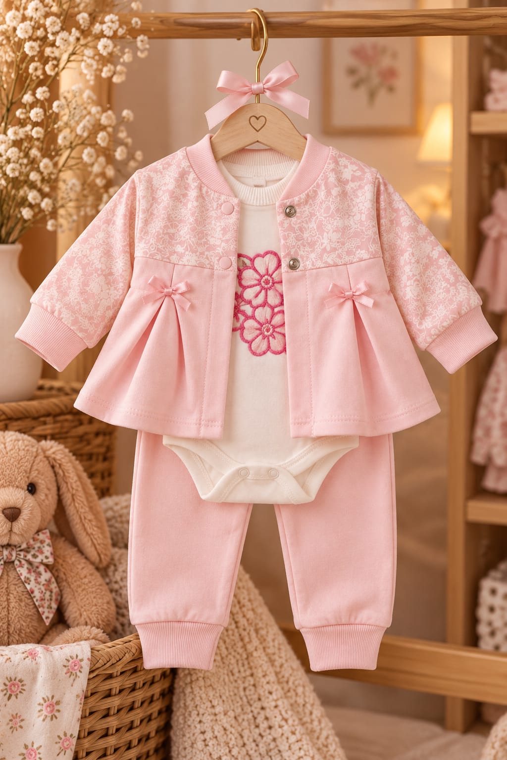 Rosafarbene Baby-Jacke mit weißem Blumenmuster und kleinen Schleifen, dazu heller Body mit Blumenmotiv und Hose