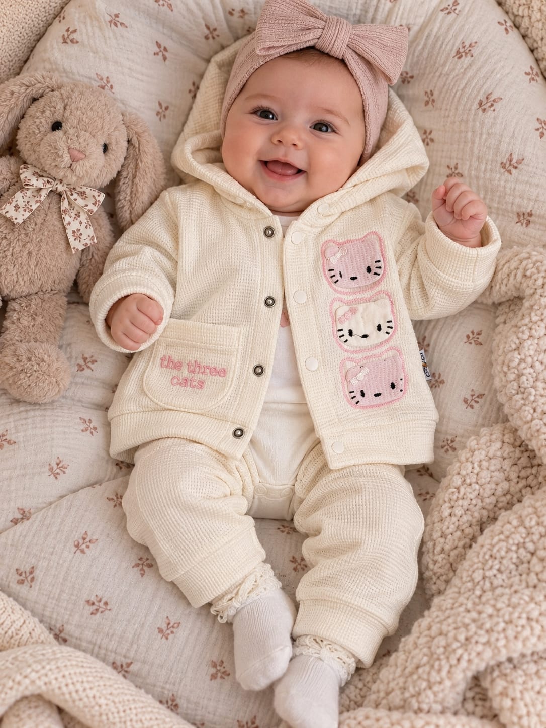 Baby-Kapuzenjacke in Creme mit drei rosa Katzenmotiven und aufgesetzter Tasche