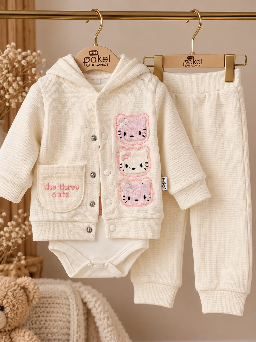 Baby-Kapuzenjacke in Creme mit drei rosa Katzenmotiven und aufgesetzter Tasche
