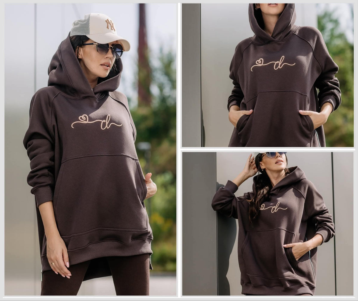 COTTONLAND Hoodie in Schokoladenbraun mit heller Brustverzierung, Kapuze und Kängurutasche in drei Ansichten