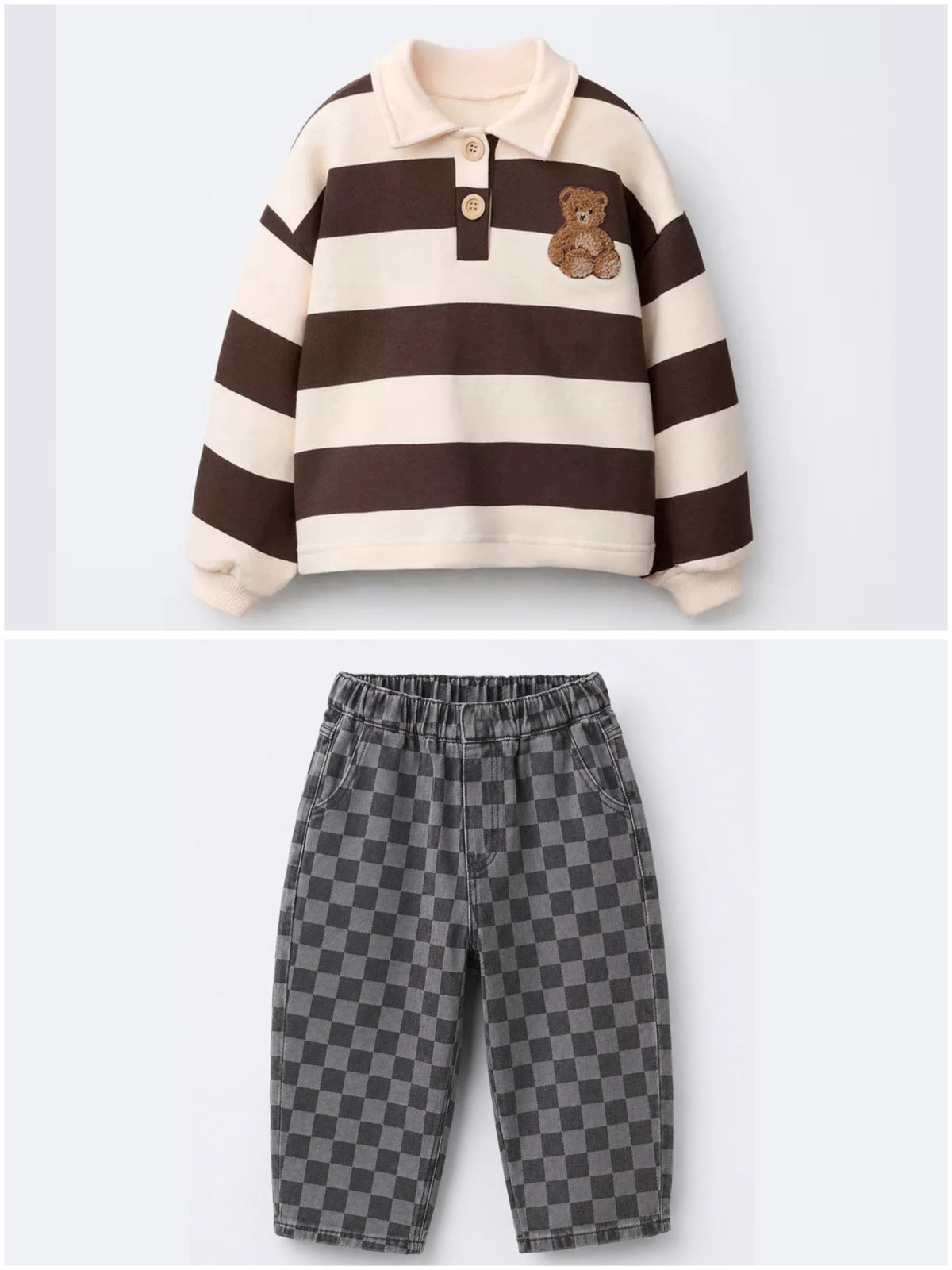 2-teiliges Kinder-Set mit gestreiftem Oberteil mit Teddy-Patch und dunkler Karohose, flach liegend fotografiert