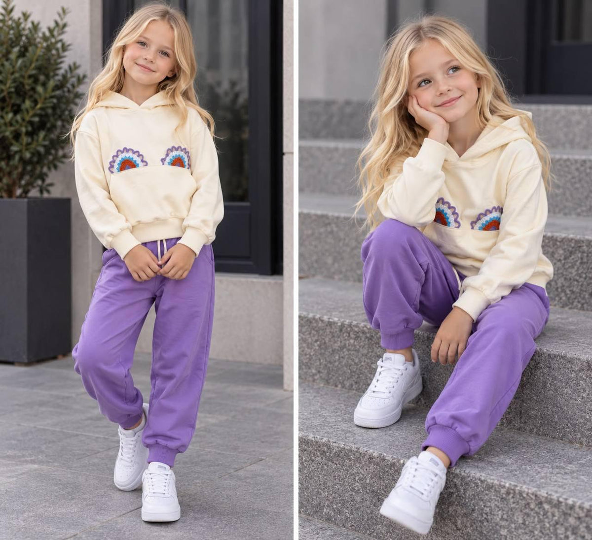 Zwei Ansichten des Rainbow Love Mädchen-Sets mit cremefarbenem Kapuzenoberteil und lila Hose, stehend und sitzend.