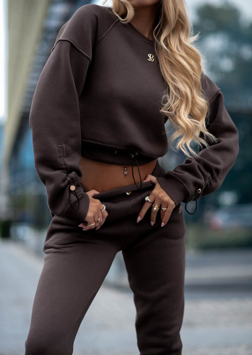 Brauner Cropped Sweater mit Logo-Detail und verstellbarem Tunnelzug am Saum, Damen Sweat Set