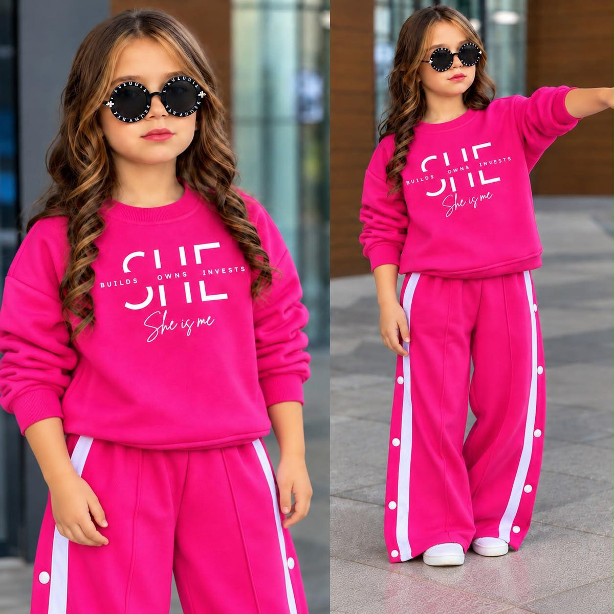 Mädchen im pinken Sweatset „She Is Me“, Detailansicht des weißen Frontprints und Gesamtansicht mit Wide-Leg-Hose.