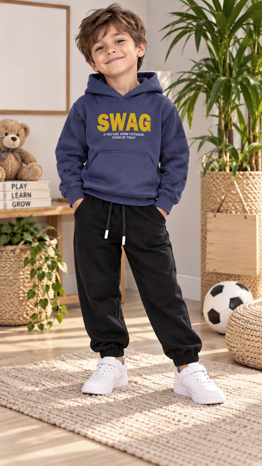 Junge trägt ein SWAG-Set mit blauem Hoodie, gemusterten Ärmeln, Kängurutasche und schwarzer Jogginghose