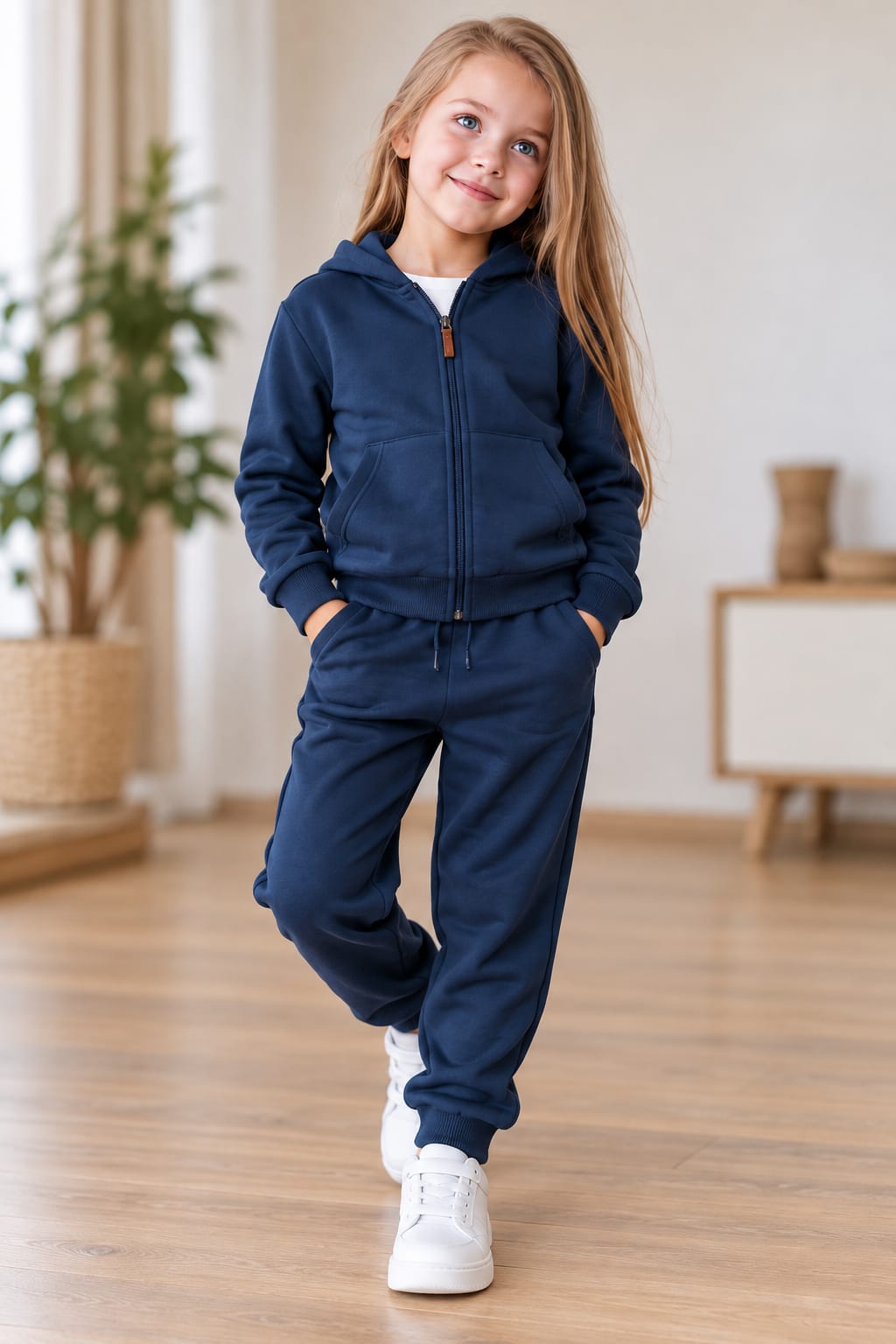 Mädchen trägt einen dunkelblauen Kinder-Trainingsanzug mit Kapuzenjacke, durchgehendem Reißverschluss und passender Jogginghose