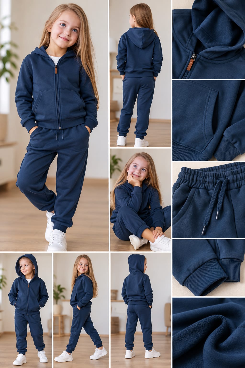 Dunkelblauer Kinder-Trainingsanzug am Mädchen, Vorder- und Rückansicht sowie Details von Kapuze, Reißverschluss, Taschen und Bündchen