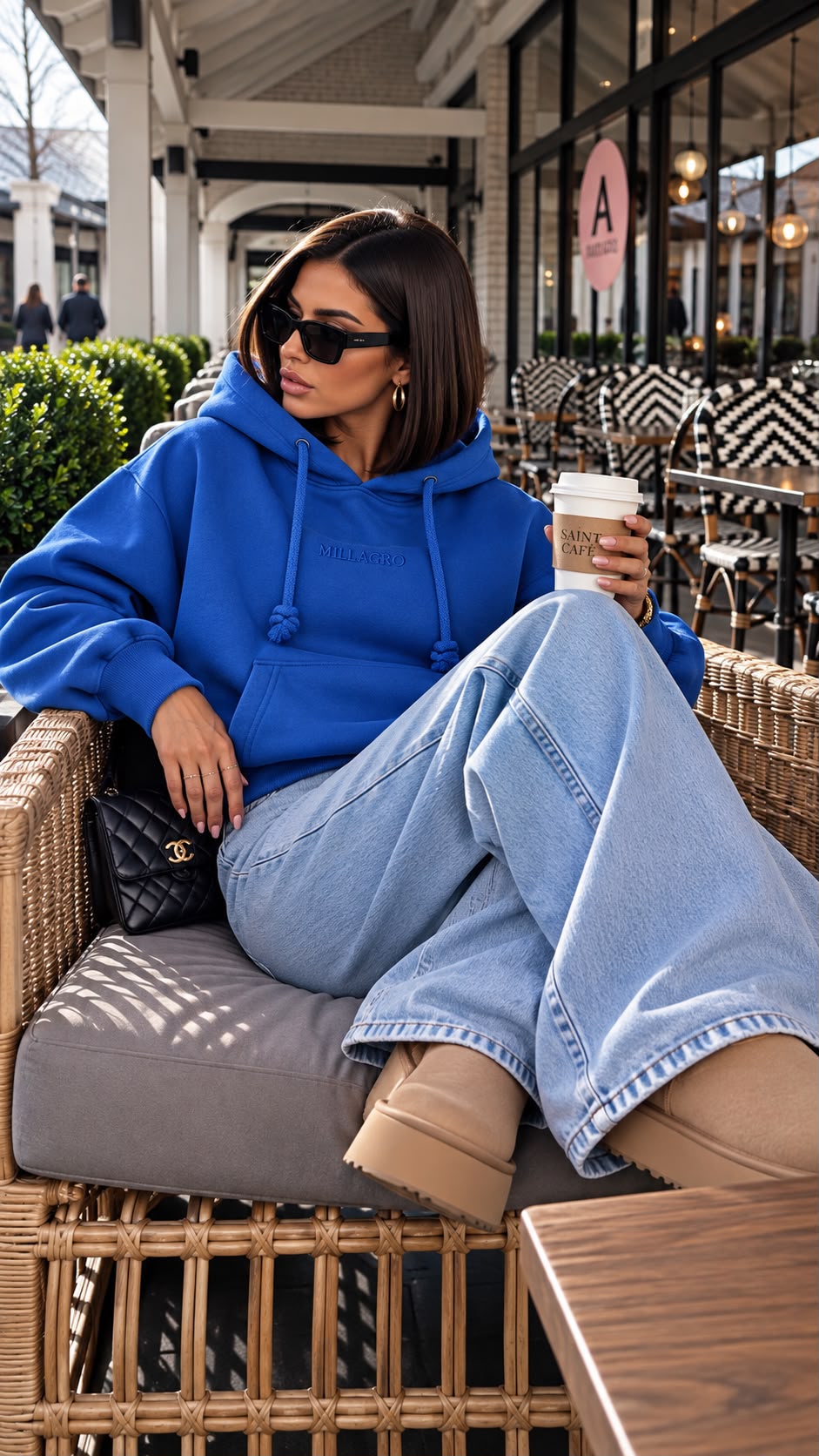 MILLAGRO MONROU Damen-Hoodie in Blau mit lockerem Schnitt und Kapuze, kombiniert mit einer weiten hellen Jeans.
