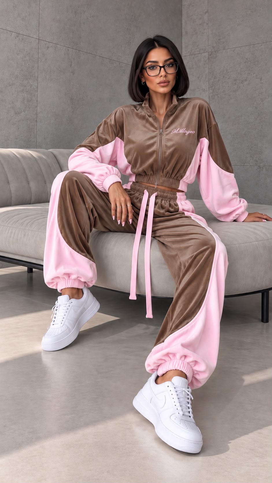 MILLAGRO Velours-Set in Anthrazit und Creme mit elastischen Abschlüssen, Ganzkörperansicht.