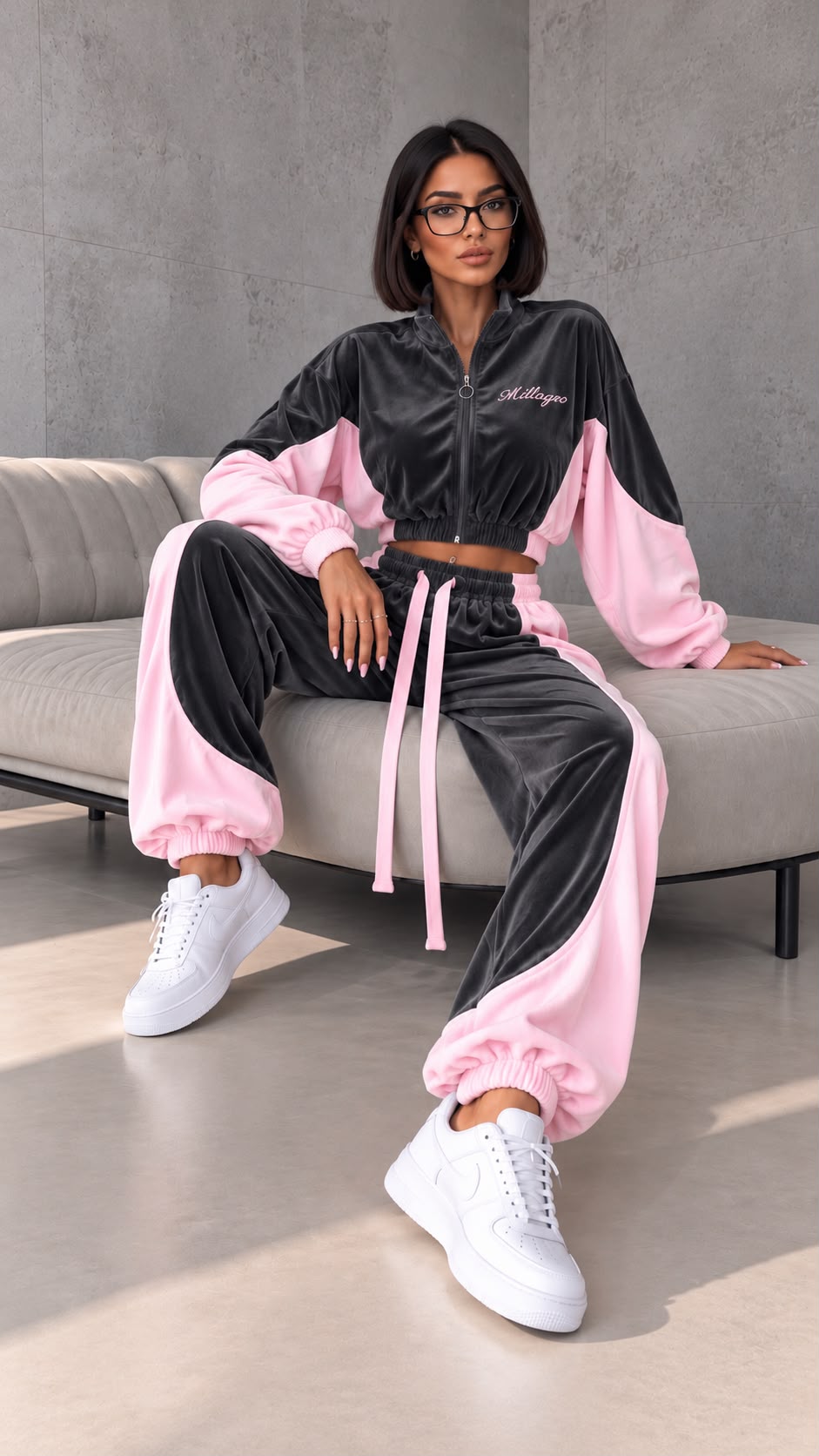 MILLAGRO Damen-Velours-Set in Anthrazit und Rosa mit kurzer Zip-Jacke und weiter Hose, sitzend gezeigt.